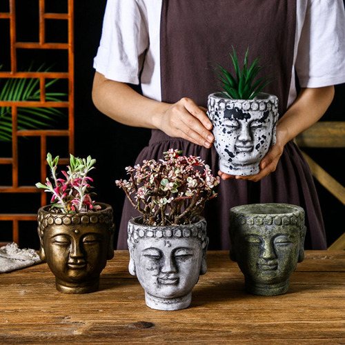 Maceta Con Cabeza De Buda De Cemento, Florero, Escultura