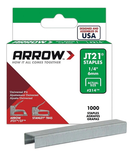 Grapas Arrow Mod. 214 Jt21 1/4 PLG (6mm) Caja 1000 Unidades