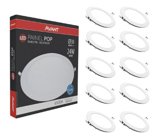 Kit 10 Paineis Led Plafon Embutir 24w Redondo 6500k Branco