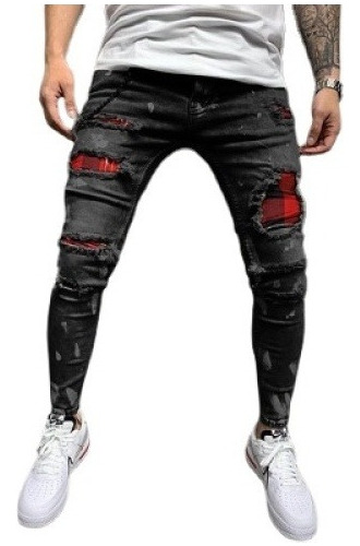 Jeans Rasgados Con Parche Elástico Para Hombre