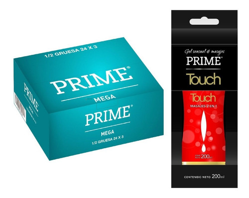 Preservativos Prime 24 Cajas X 3 Mega + Gel Touch X 200 Ml.