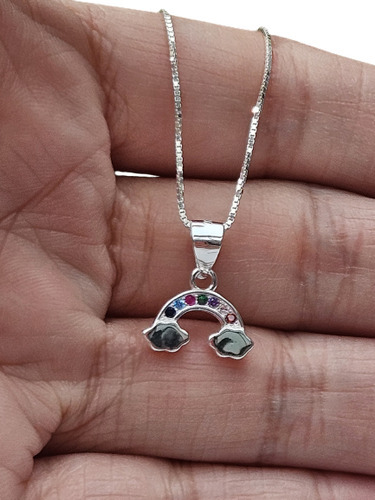 Cadena Con Dije Arcoiris Piedras Cubic Engarzadas  Plata 9 