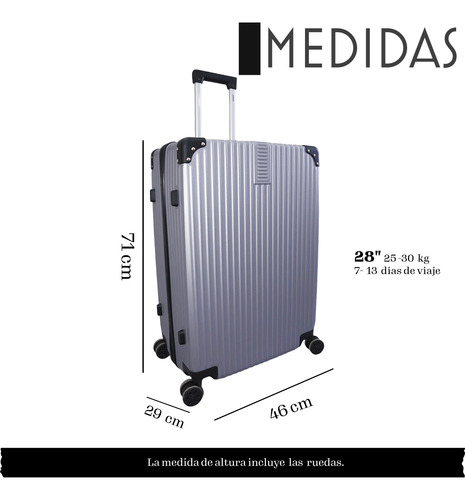 Maleta Para Viaje Ruedas Grande 25 Kg De 28 Pul Con Candado Plata Lunar 5863-6