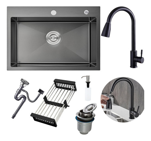 Cuba Gourmet E Extensível Torneira Gourmet 60x45 Cm Com Kit Completa Acessórios Inoxidável 304 Preto Yesop