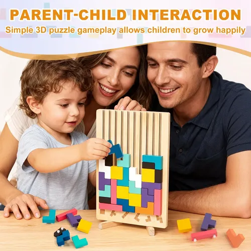 Juego Tetris De Madera Con 42 Bloques Geométricos Y 10 Tarjetas De Patrones – Rompecabezas 3D Educativo – Estimula La Lógica Y Motricidad – Regalo Para Niños De 3 A 6 Años
