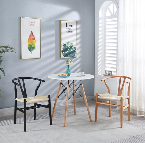 Pack 2 Sillas De Comedor Wishbone De Madera Estructura De La Silla Negro Asiento Natural Diseño De La Tela Tejido
