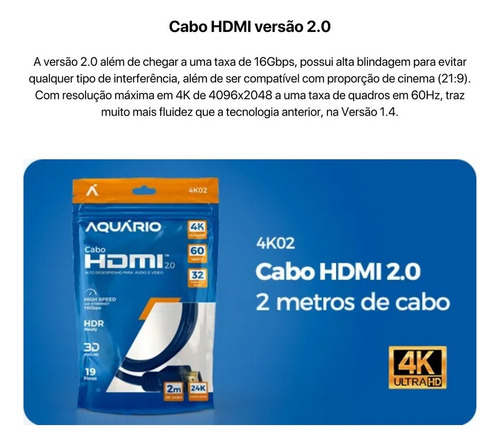 Cabo Hdmi 2.0 4k 3d Ultra hd 60hz 19 Pinos Chip 2 Metros