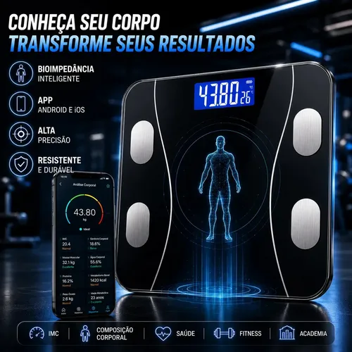 Balanca Digital Bioimpedancia Smart Bluetooth Inteligente Imc Composicao Corporal Fitness Emagrecimento Saude Peso Corporal App Android Ios Academia