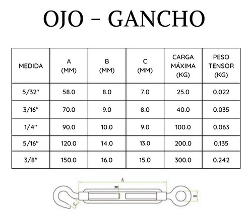 Tensores Para Cable Ojo-gancho 5 Uni 3/8 Mohican