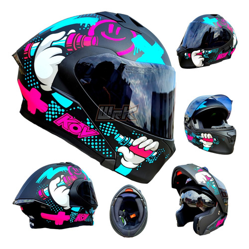 Casco Para Moto Rosa Negro Azul Kov Deportivo Abatible Dot