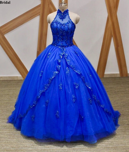 Vestido De Xv 15 Años Azul Rey Escote Halter Importado | Meses sin intereses