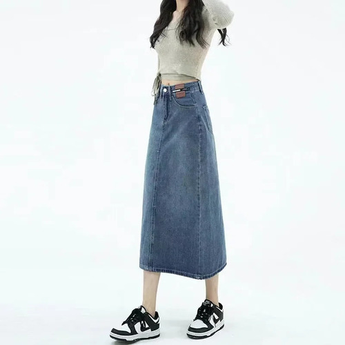 Od Falda Midi De Mezclilla De Cintura Alta En A For Mujer,