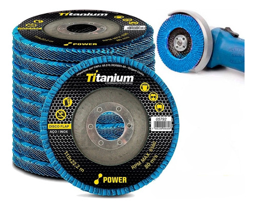 Kit 10 Disco De Desbaste 115mmx22mm 4.1 40 Flap Titanium Cor Azul