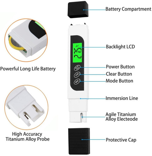 Medidor De Agua Potable 3 En 1 Temperatura, Tds, Ec