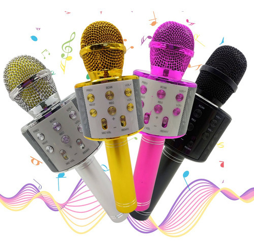 Micrófono Bluetooth para karaoke que cambia la voz, caja de sonido, luz LED plateada