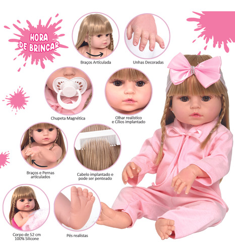 Boneca Cegonha Reborn Dolls Dolly Corpo Em Vinil Roupa Rosa
