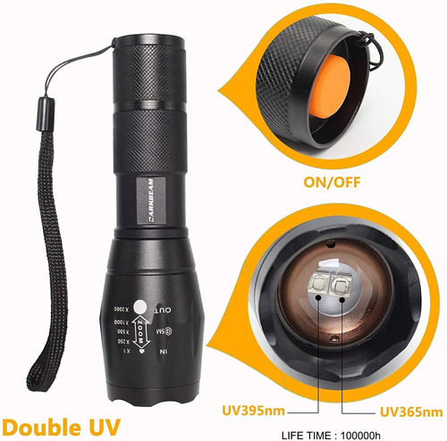 Linterna Led Uv Negro Luz 395nm Linterna De Mano Zoomablle 3