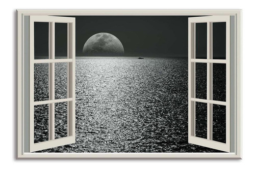 Vivid Window Canvas Wall Decor Full Moon Painting Boat ...