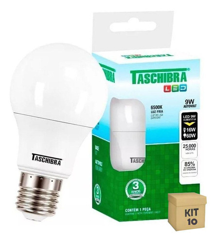 Kit 10 Lâmpada Led Bulbo 9w Branco 6500k Bivolt Taschibra