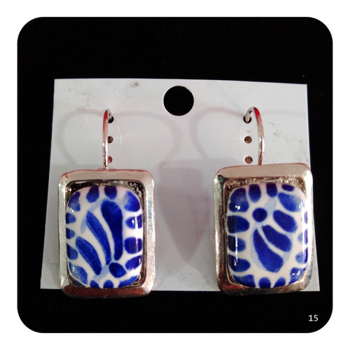 Imagen 2 de 2 de Aretes Talavera Poblana Azul Con Metal Acero M15 Artesania