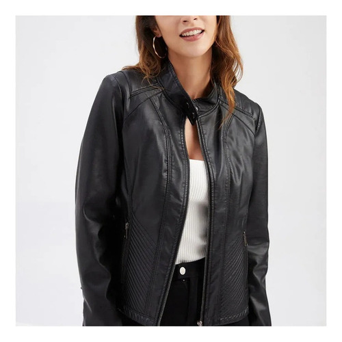 Chaqueta De Cuero Casual Para Mujer Con Cuello Alto, Abrigo