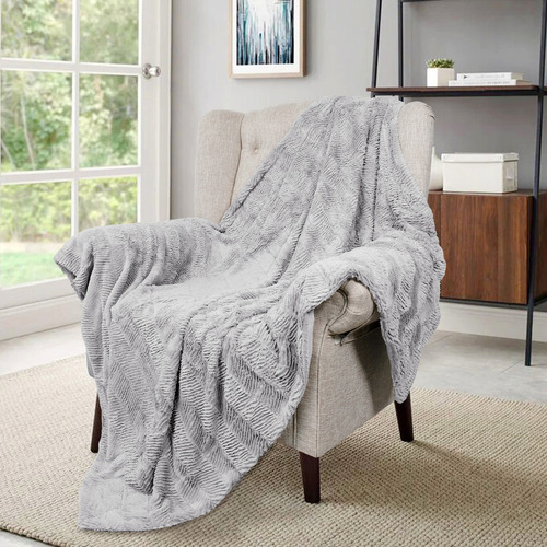 Herringbone Manta Cepillado Con Faux Fur Sherpa Respaldo Color Gris