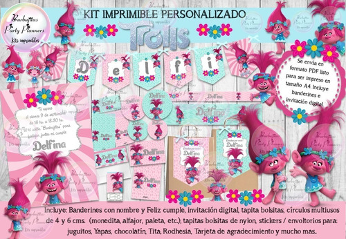 Kit Imprimible Candy Bar Poppy Trolls Personalizado