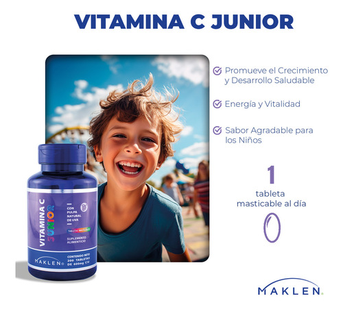 Vitamina C Junior | Vitamina C para Niños Masticables | 200 Tabletas Sabor Uva | Maklen