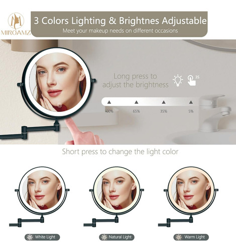 Espejo De Tocador Led 9 Doble Cara Con Aumento 10x Y 3 Colo