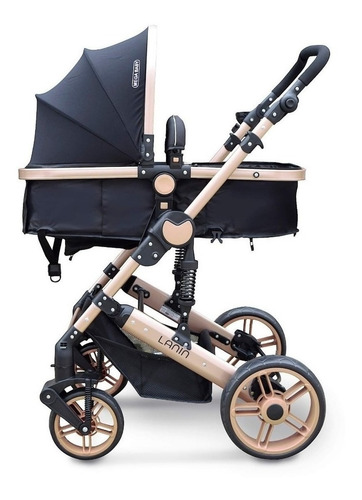 Imagen 3 de 10 de Cochecito de paseo Mega Baby Lanin travel system negro con chasis color dorado