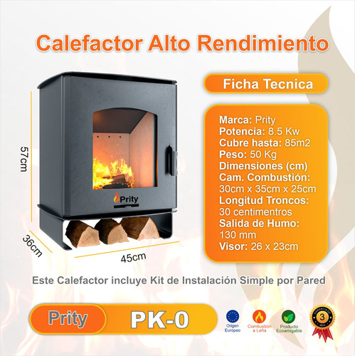 Calefactor A Leña Eko1 80 M2 + Kit Pared Simple