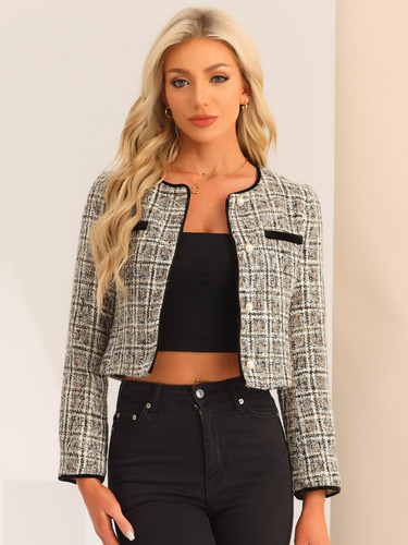 Chaqueta De Tweed Mujer Abrigo Informal Con Cuello Redondo