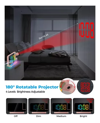 Reloj despertador de proyección, reloj proyector de 180° en techo, pantalla  LED digital de color RGB de 7.4 pulgadas, atenuador de brillo de 5