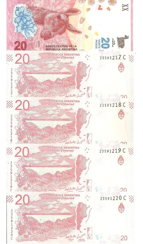 4 Billetes Correlativos 20 Pesos Guanaco Serie C  S Circular