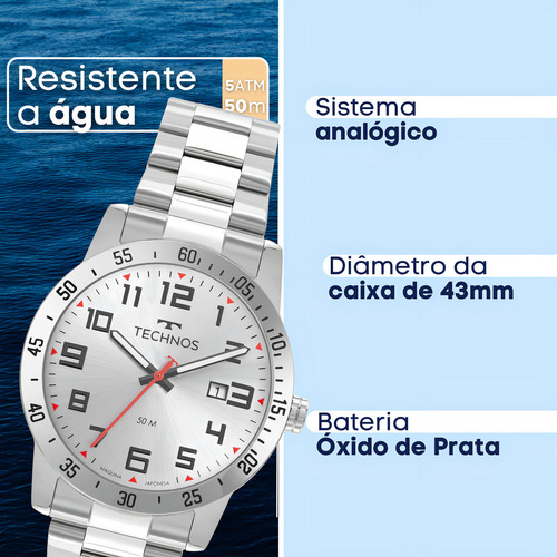 Relógio Technos Masculino Prata 2115myi/1k Correia Prateado Fundo Prateado
