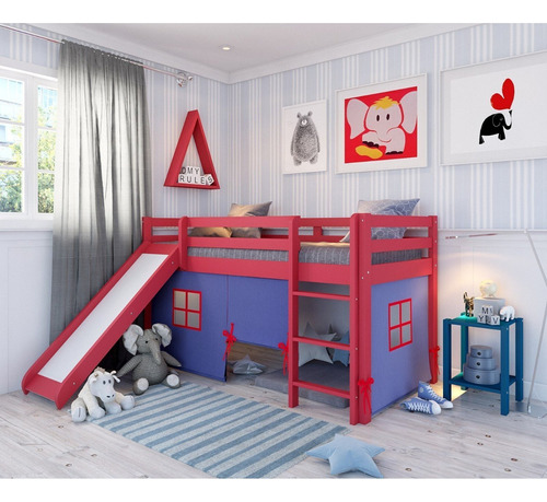 Cama Alta Kids Com Escorregador E Tenda Em Madeira Aiwt