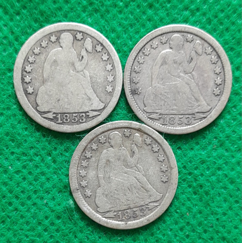 3 Monedas De 10 Centavos Dolar En Plata, Eeuu, Año 1853