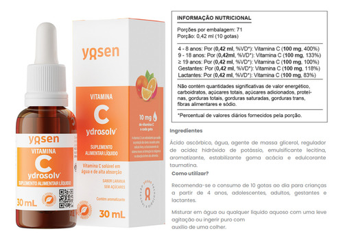 Vitamina C Líquida Ydrosolv® 30ml Yosen Sabor Lar Lipossomal
