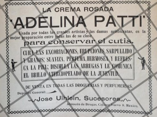 Publicidad Antigua Botica Jose Uihlein. Crema Adelina Patti