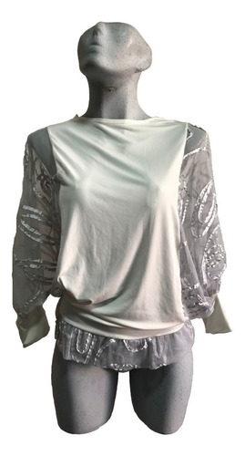 Blusa Con Transparencias Para Mujer Dama Crema Plateado Hol 