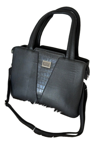 Cartera Baul Importada Semi Rigida Croco Divisiones Mediana Negro Tramado Níquel Negro