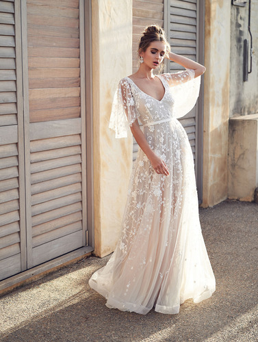 Vestido De Encaje Con Cuello En V, Estilo Floral Elegante