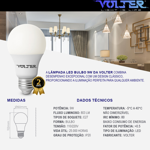 Kit 6 Lâmpadas Led 9w Bulbo Residencial Bocal E27