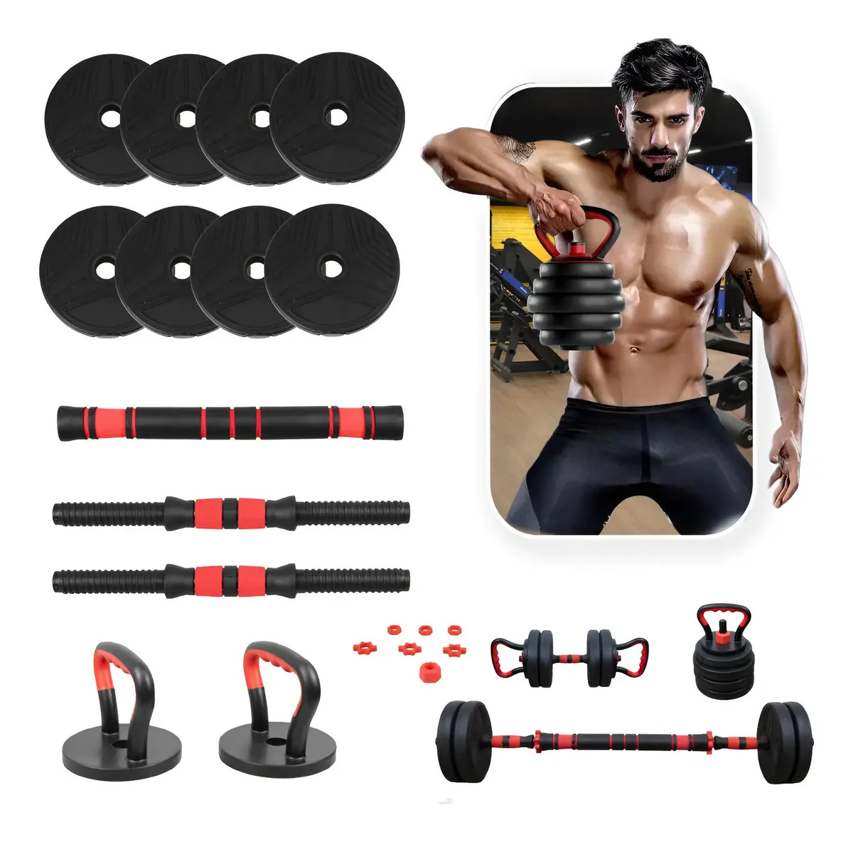 Kit Halteres Anilhas Ajustáveis Academia Barra Treino 15kg Halter Preto/vermelho