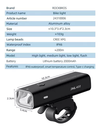 COMPRA Luz delantera para bicicleta de 400Lm Rockbros