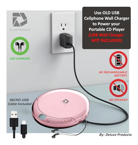 Leitor De Cd Portátil Rosa - Fones De Ouvido Estéreo Antider