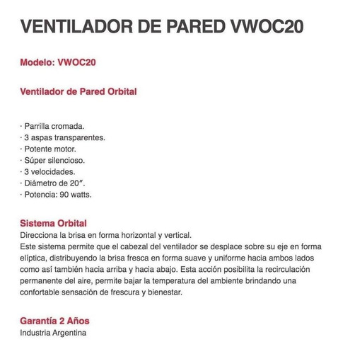 Imagen 3 de 10 de Ventilador Pared Liliana Woc20