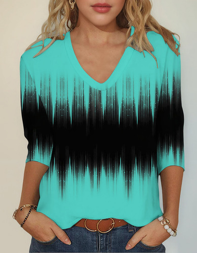 Top Casual De Mujer Con Cuello En V Y 34 Mangas Con Cuello E