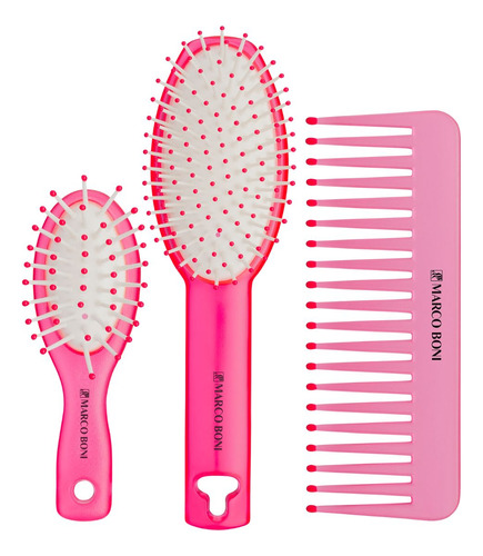 Kit 2 Escovas De Cabelo 1 Pente - Pontas Massageadoras Cor Rosa