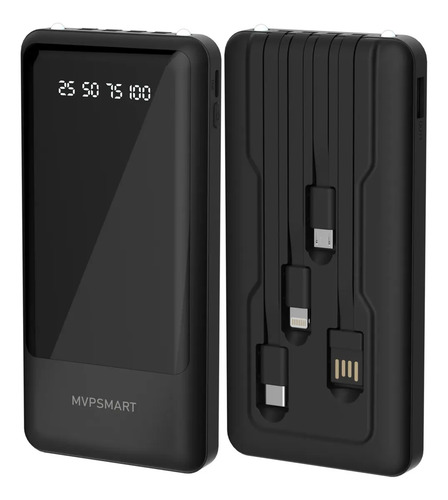 Power Bank Batería Portátil 10000mAh Incluye Luz de Iluminación, 4 Cables Integrados Micro USB, iP, Tipo-C y USB MVPSMART P103 Negro, Cargador Portátil Con Batería Recargable, 2 Puertos USB y Tipo-C